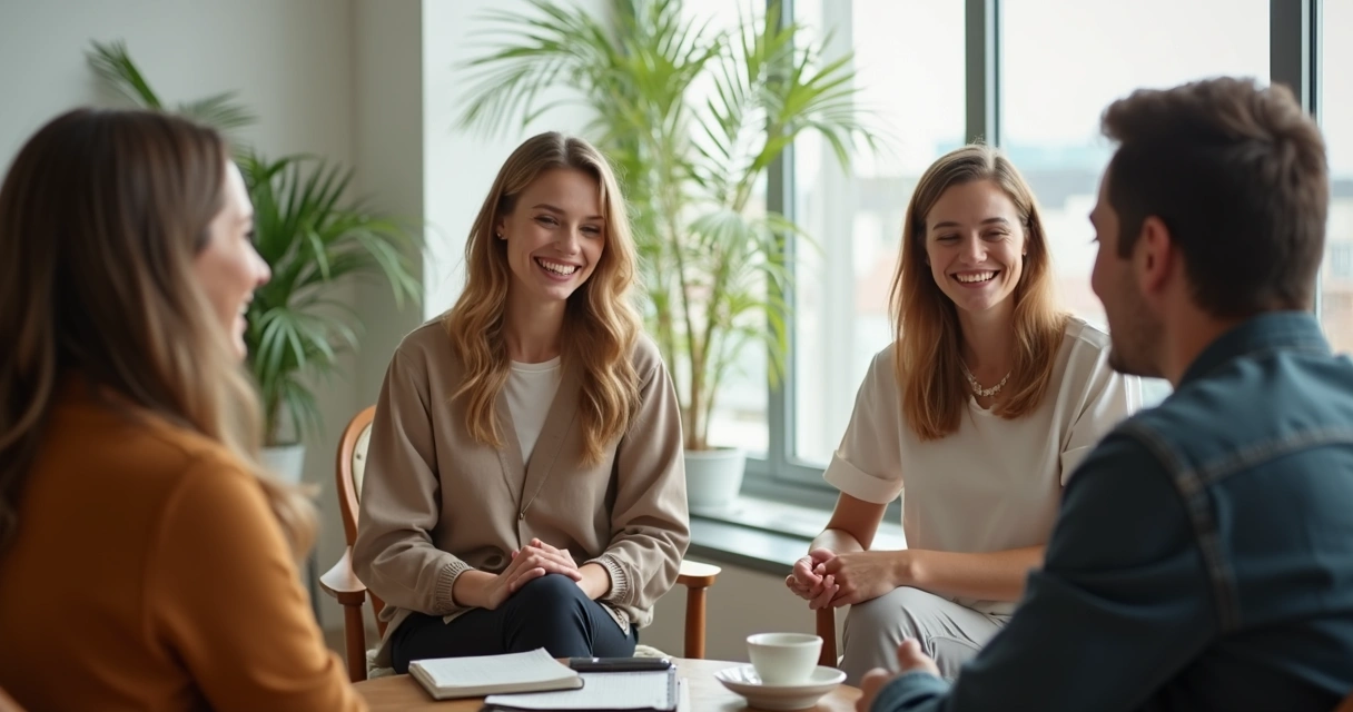 Grupo em conversa leve com expressões de atenção e riso