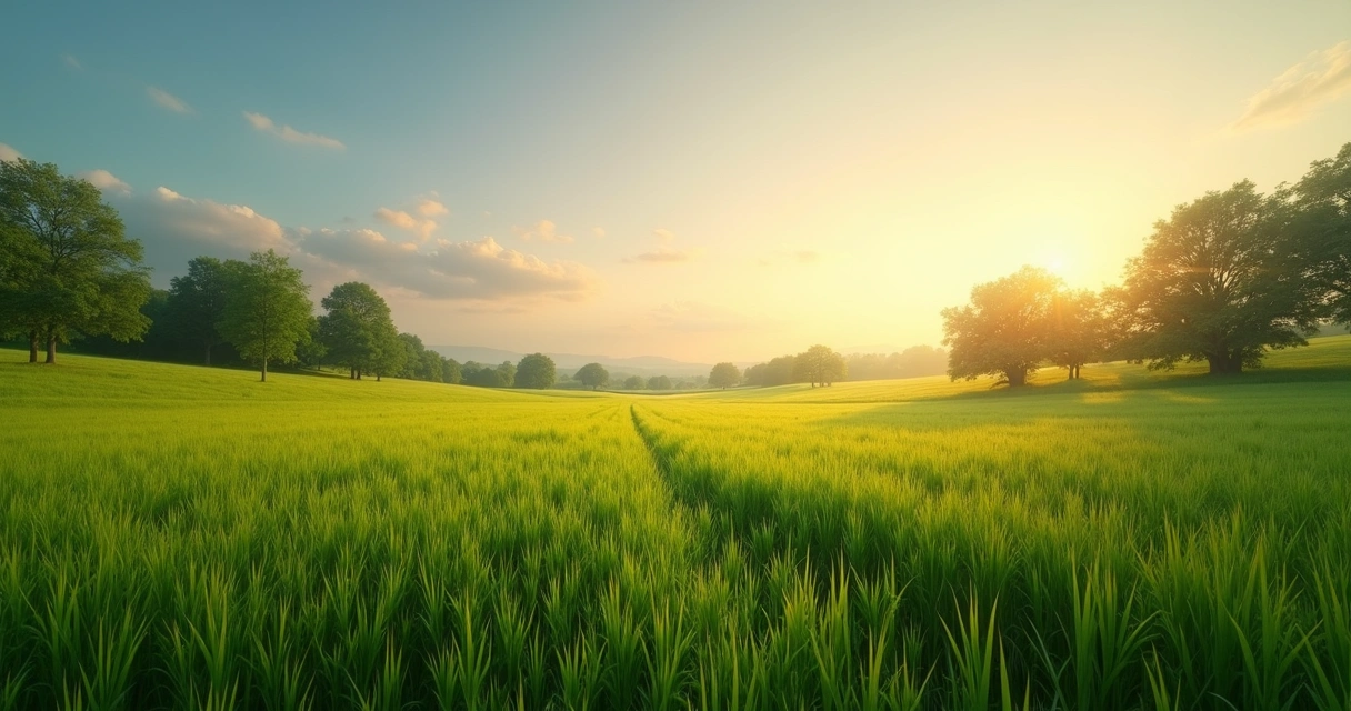 Paisagem tranquila de campo aberto mostrando o ciclo do dia do amanhecer ao entardecer.