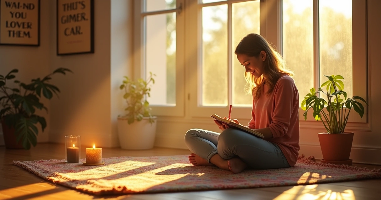 Imagem de uma pessoa escrevendo em um diário da gratidão em um ambiente iluminado, com uma vela acesa ao lado.