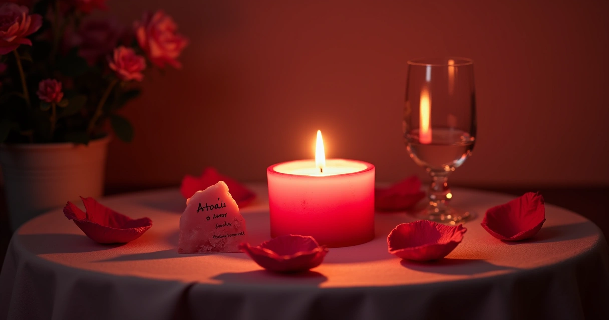 Um ritual de amor com vela vermelha, cristal rosa e pétalas de rosa em um ambiente aconchegante.