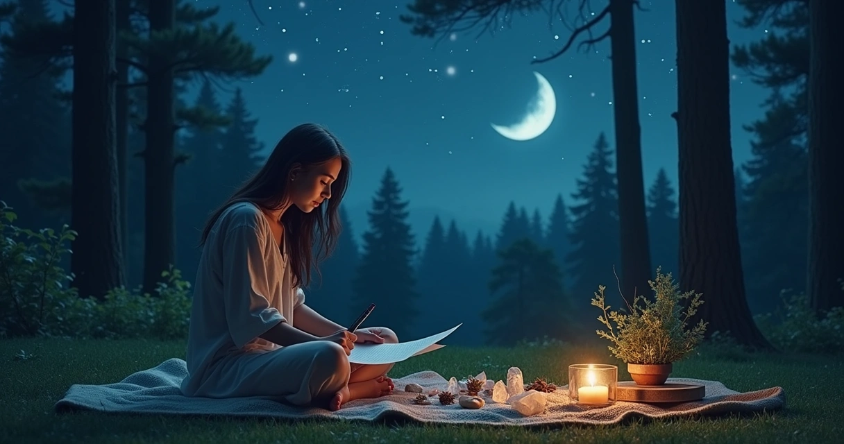 Uma cena tranquila sob a lua nova, com um indivíduo escrevendo intenções entre ervas e cristais.
