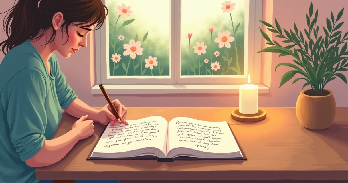 Ilustração de uma pessoa escrevendo em um diário de gratidão, iluminada por uma vela, em um ambiente sereno.