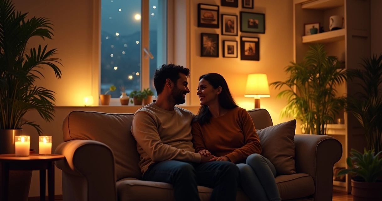Um casal sentado no sofá iluminado por velas, compartilhando um momento íntimo em um ambiente acolhedor.