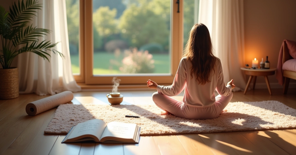 Ambiente acolhedor mostrando meditação, diário aberto, chá e óleos essenciais, transmitindo autoamor.