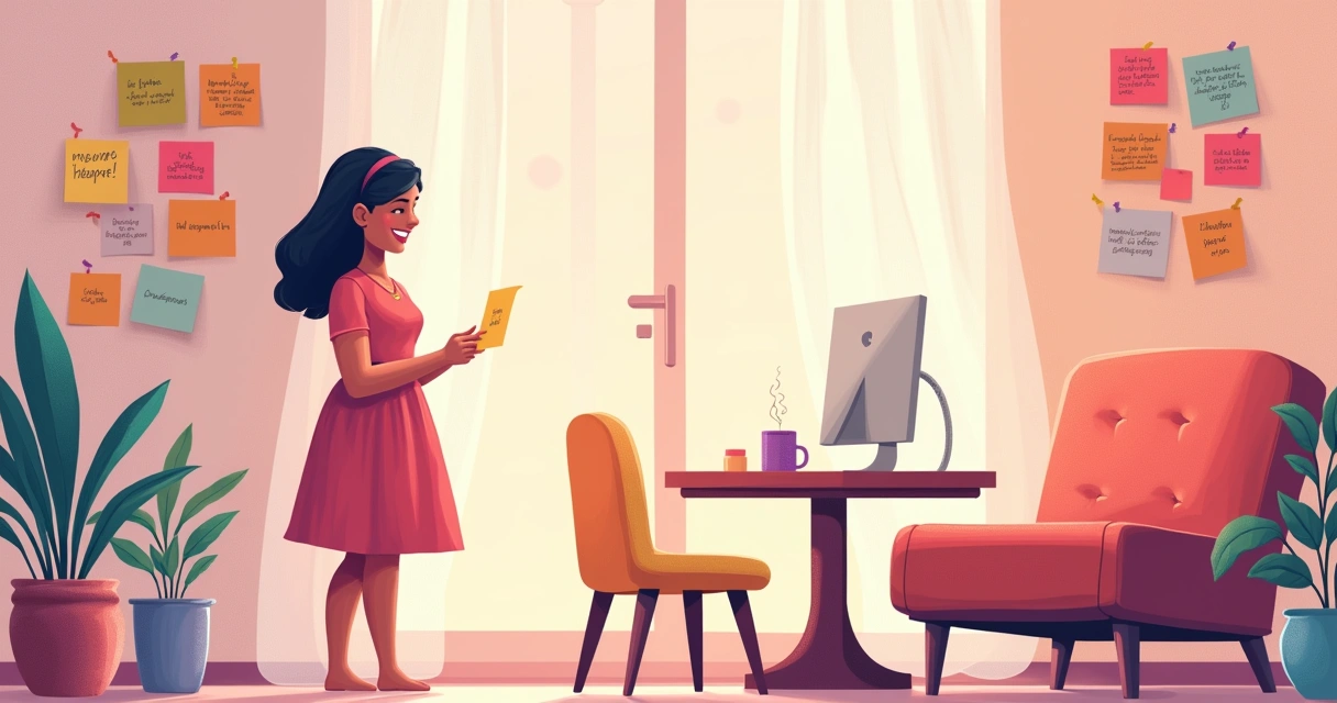 Ilustração de um quarto acolhedor com mulher fazendo afirmações positivas em frente ao espelho.