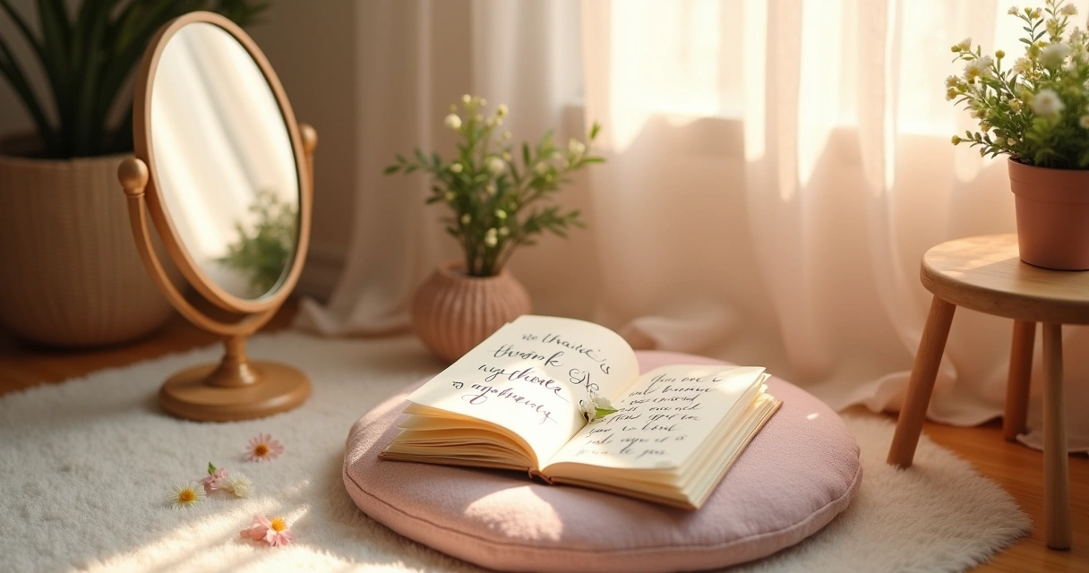 Ambiente acolhedor com adereços de autoamor: caderno aberto, espelho e flores, tudo em tons pastéis.