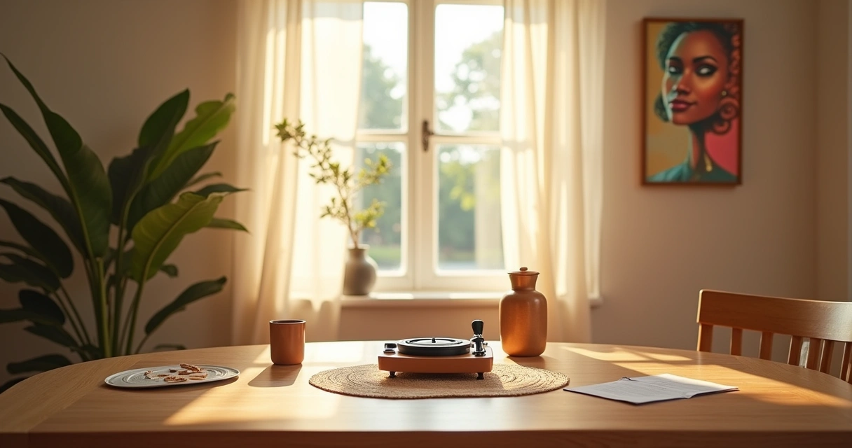 Espaço acolhedor para rituais de autoamor com mesa, caderno, espelho e plantas.