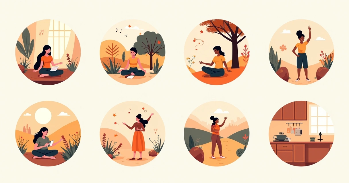 Ilustração mostrando rituais de autoamor para cada dia da semana com cores acolhedoras e atividades relaxantes.