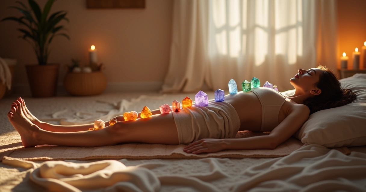 Pessoa relaxando em ambiente tranquilo com cristais e velas 