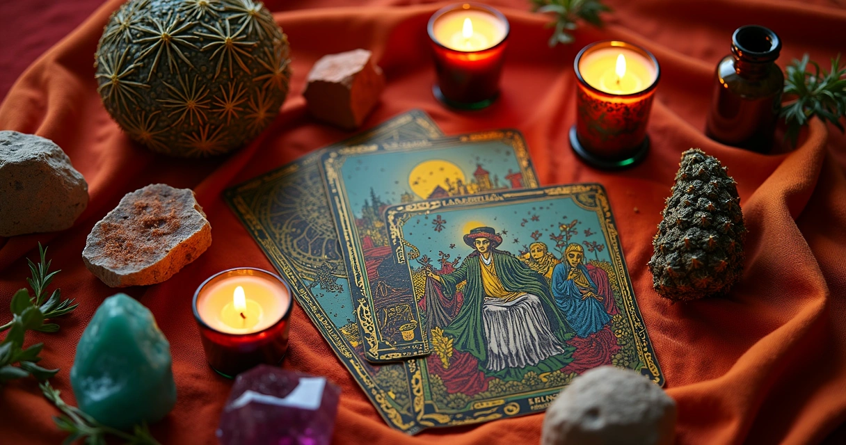 Mesa com cartas de tarot, ervas frescas e velas acessas 