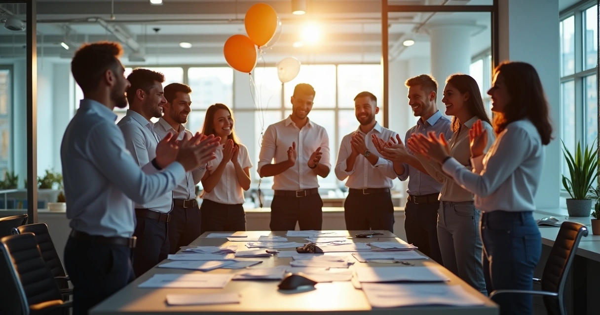 Colaboradores em roda celebrando conquista no ambiente corporativo 
