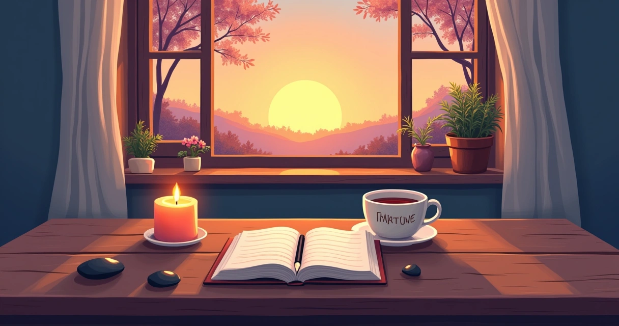 Ilustração de um ambiente sereno com um caderno, caneca de chá e velas simbolizando rituais de gratidão.