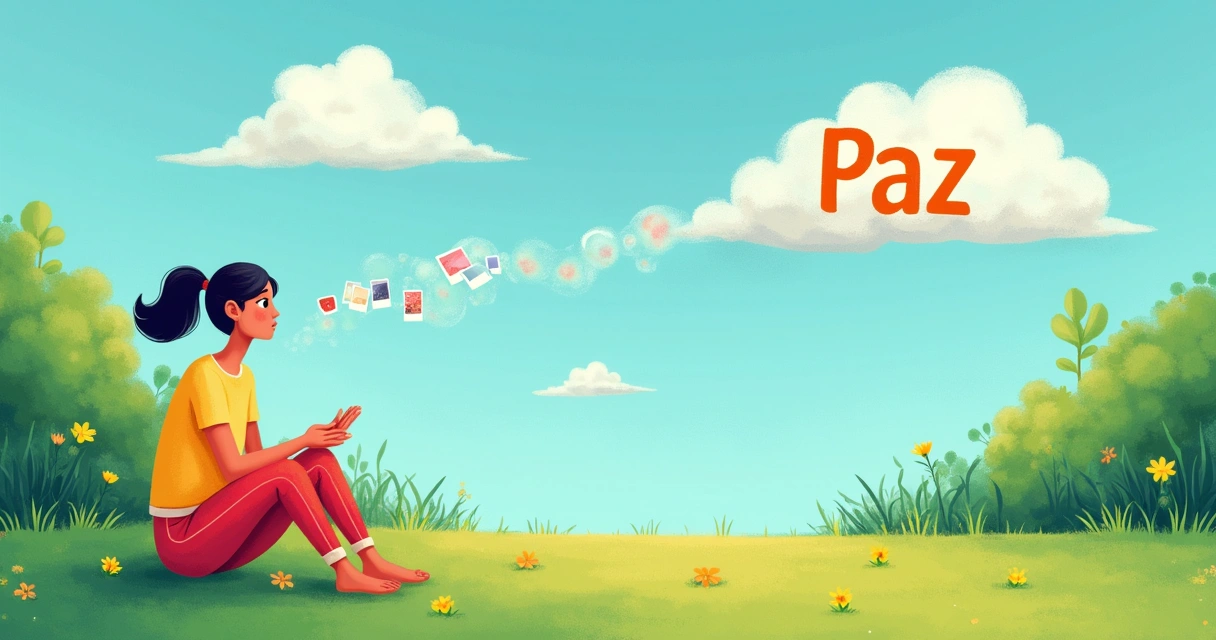 Ilustração de uma pessoa em um jardim sereno com um quadro de gratidão e elementos que simbolizam paz e reflexão.