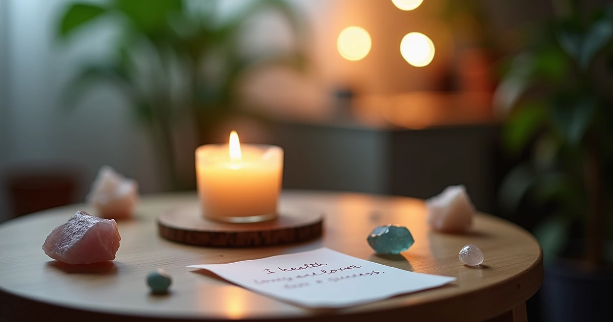 Um espaço tranquilo com uma mesa de madeira, uma vela acesa e cristais simbolizando intenções.