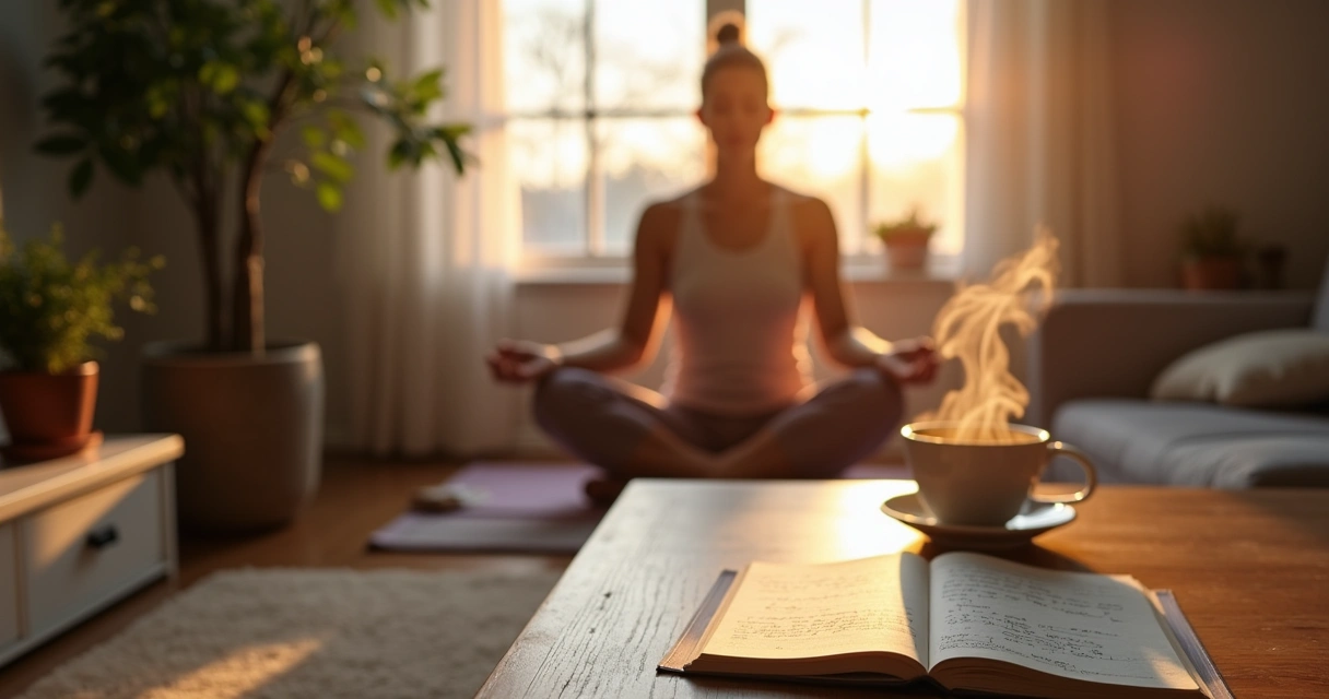 Mulher meditando em um ambiente sereno, com chá e caderno perto de uma janela iluminada.