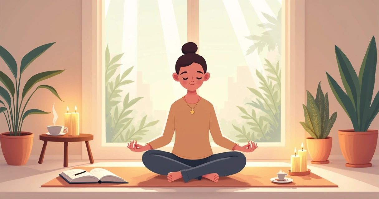 Espaço sereno com pessoa meditando, diário, chá e velas, evocando rituais diários de bem-estar.