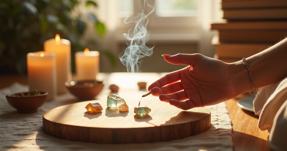 Pel woman performs ritual with incense crystals and table