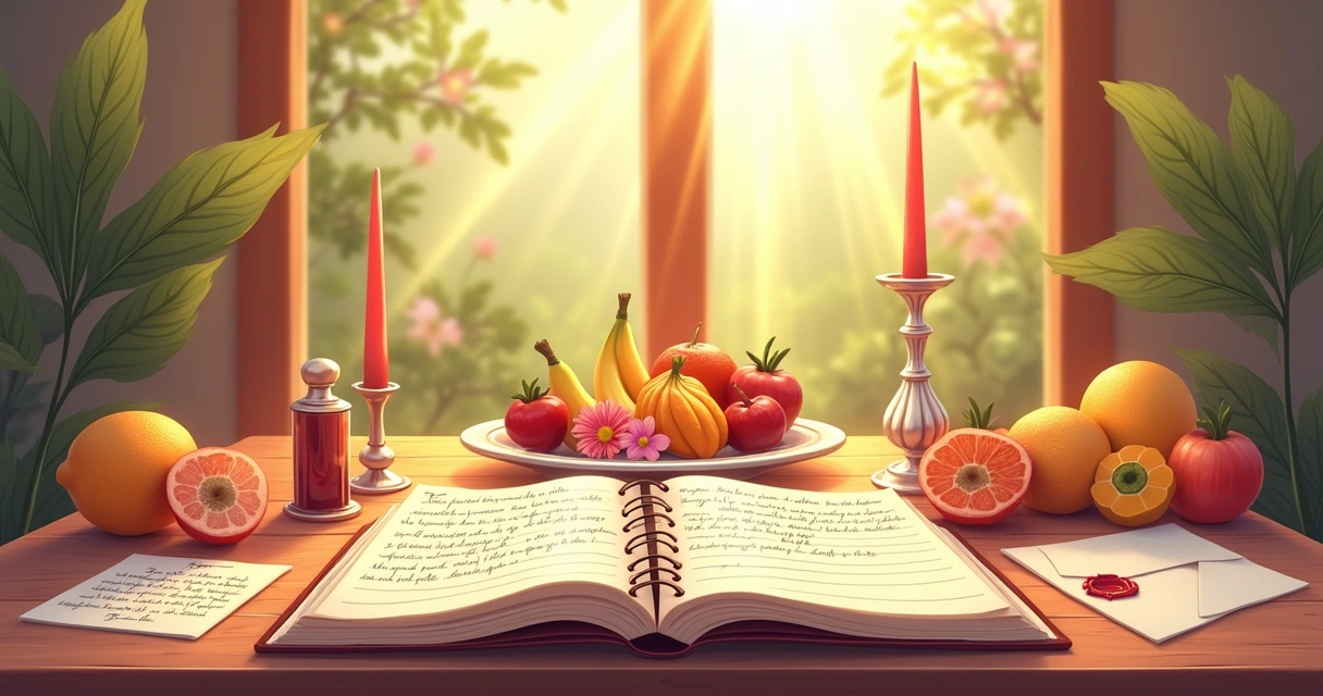 Cena vibrante com diário de gratidão, carta de agradecimento e abundância de alimentos em uma mesa.