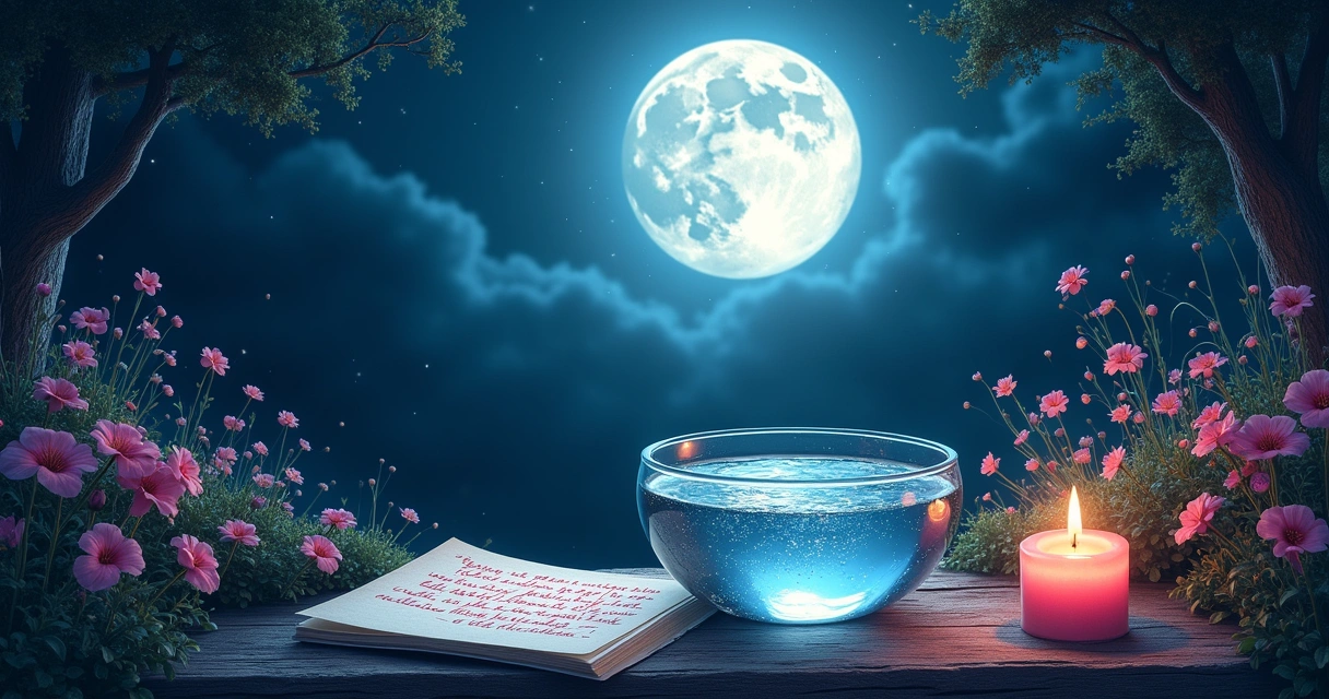 Cena noturna com jardim iluminado pela lua, água sob a luz da lua, carta de intenções e vela acesa.