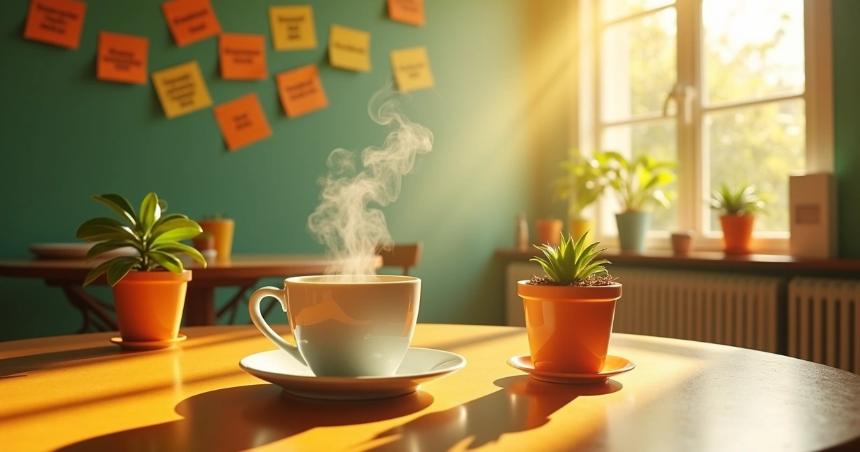Mesa de café da manhã com café, caderno de metas financeiras e post-its de afirmações positivas.