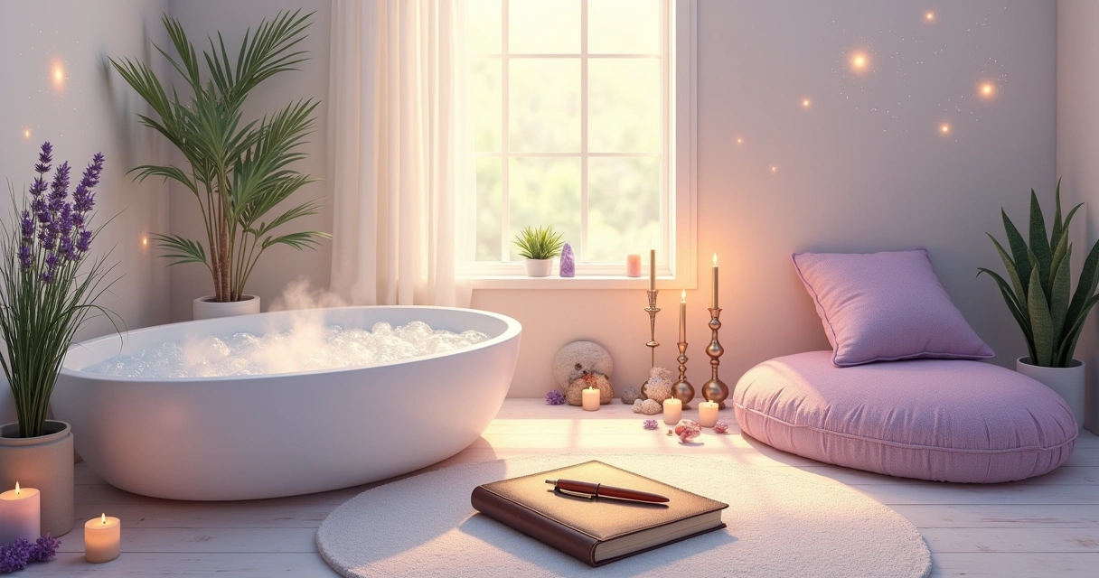 Espaço sereno com banheira de ervas, área de meditação e altar de gratidão.