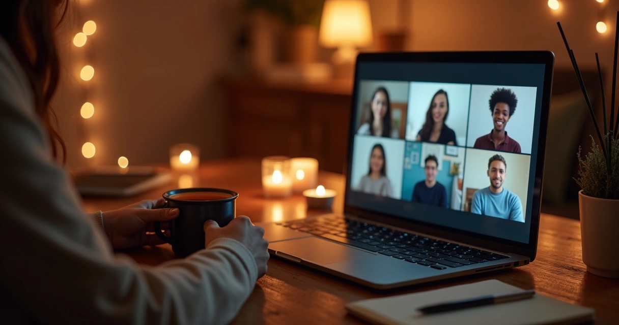 Pessoa em frente ao notebook criando conexão em chamada de vídeo à luz suave das velas 