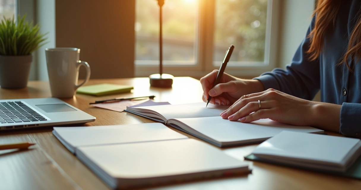 Pessoa trabalhando em home office com agenda e café 