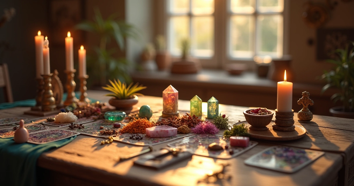 Mesa com elementos de simpatias, velas, cristais e ervas para rituais espirituais