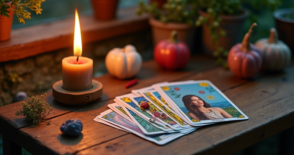 Mesa com vela acesa, cartas de tarot e foto de uma pessoa para ritual à distância 