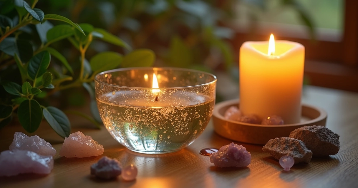 Vela dourada acesa ao lado de recipiente de água da chuva com ambiente místico 