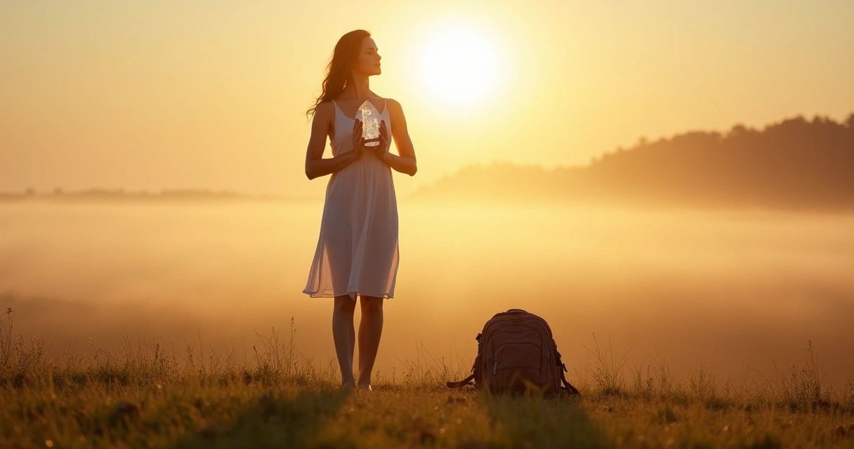 Mulher faz ritual de energização ao ar livre após viagem