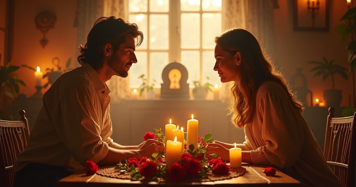 Casal sentado ao redor de mesa com objetos de adoçamento, velas e flores, ambiente iluminado por luz suave e atmosfera espiritual 