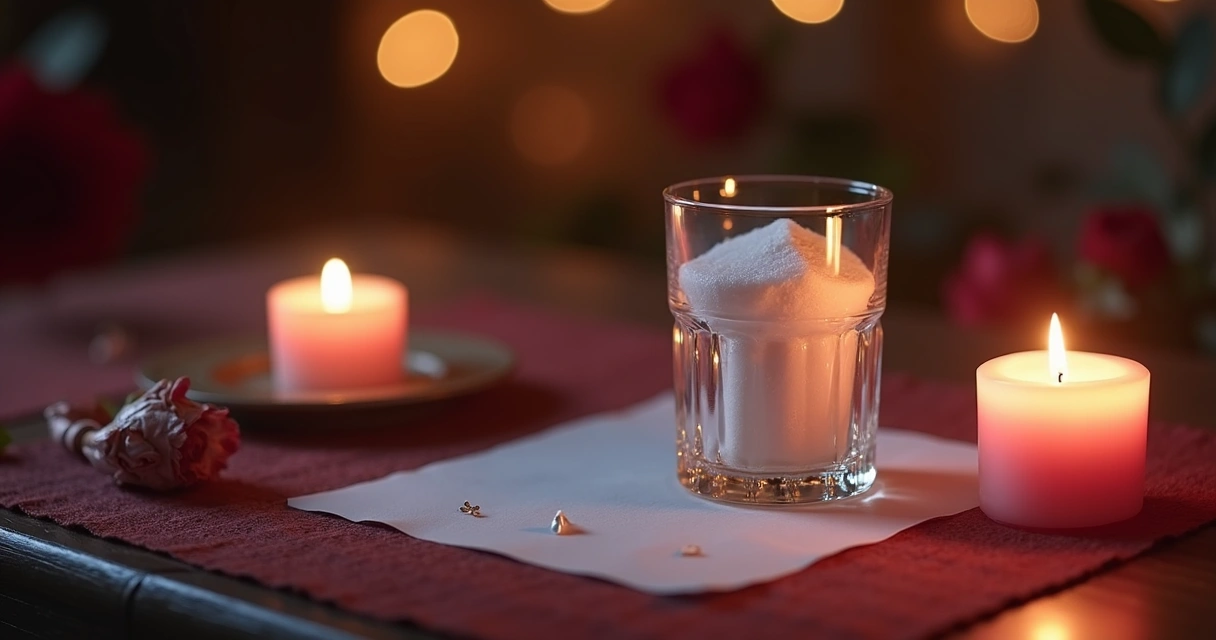 Ritual de adoçamento cigano com copo de água, açúcar, papel e vela 