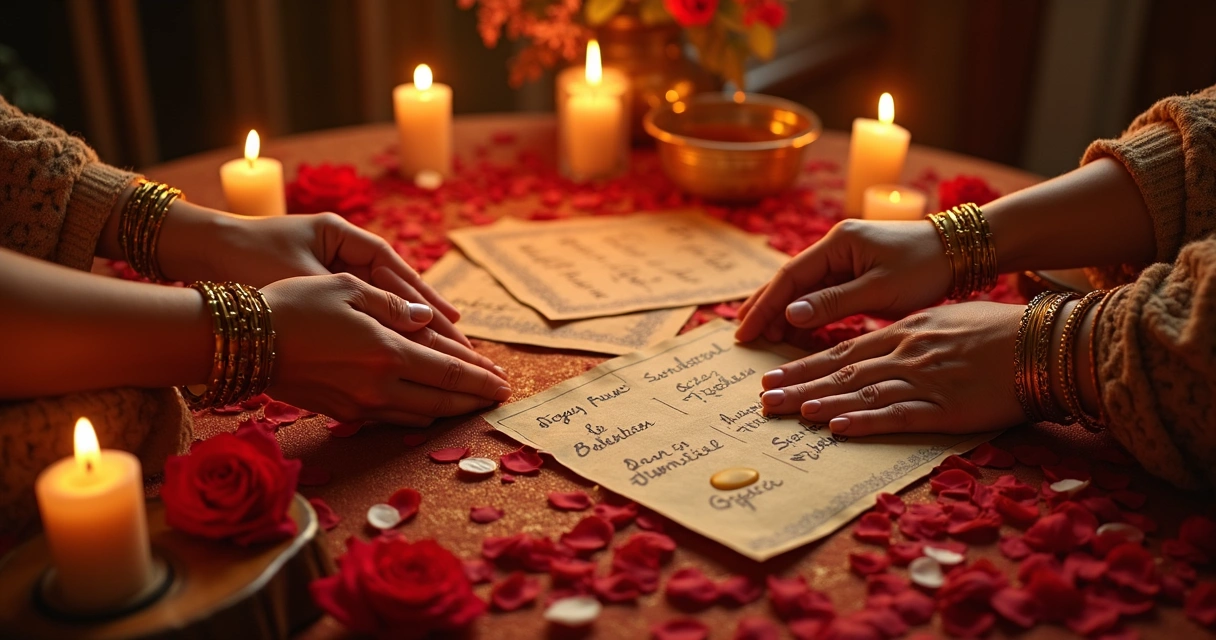Ritual de adoçamento cigano sobre mesa com velas e flores