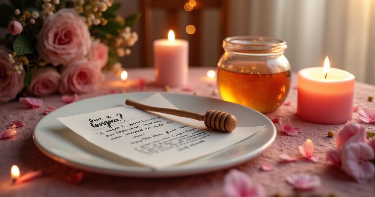Ritual de adoçamento para casal com vela cor-de-rosa, mel e foto de casal sobre prato branco, em ambiente místico e acolhedor. 