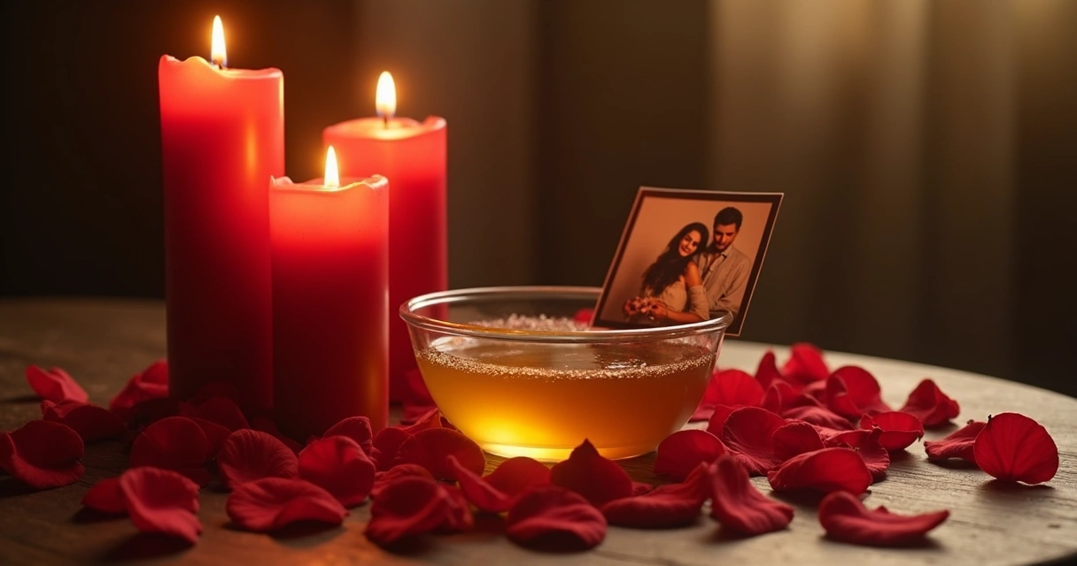 Objetos de ritual de adoçamento com velas acesas, pote de mel e flores vermelhas