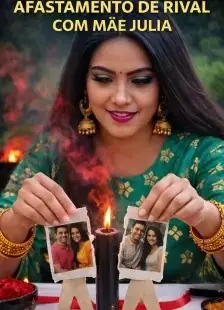 Mulher realizando ritual com vela preta e fotos de casal para afastamento de rival