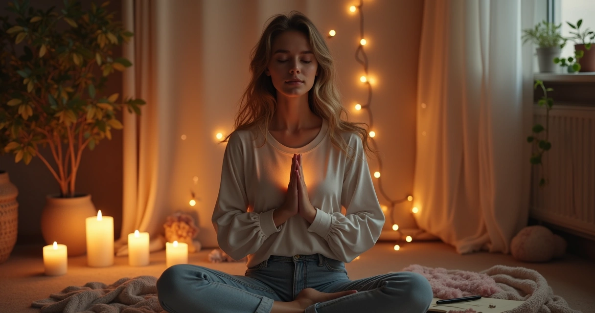 Mulher com olhos fechados em ritual de agradecimento 