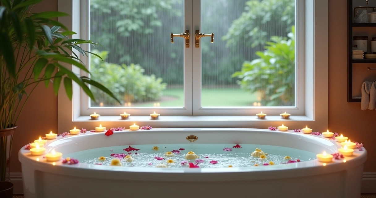 Banheira com água da chuva e pétalas de flores 