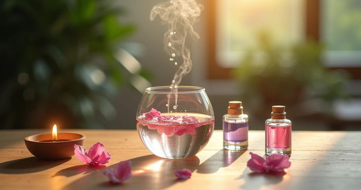 Ritual de preparação de água perfumada com frascos de óleos essenciais e ambiente sereno.