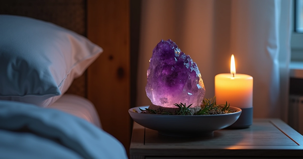 Pedra ametista e vela ao lado de travesseiro em cenário escuro 