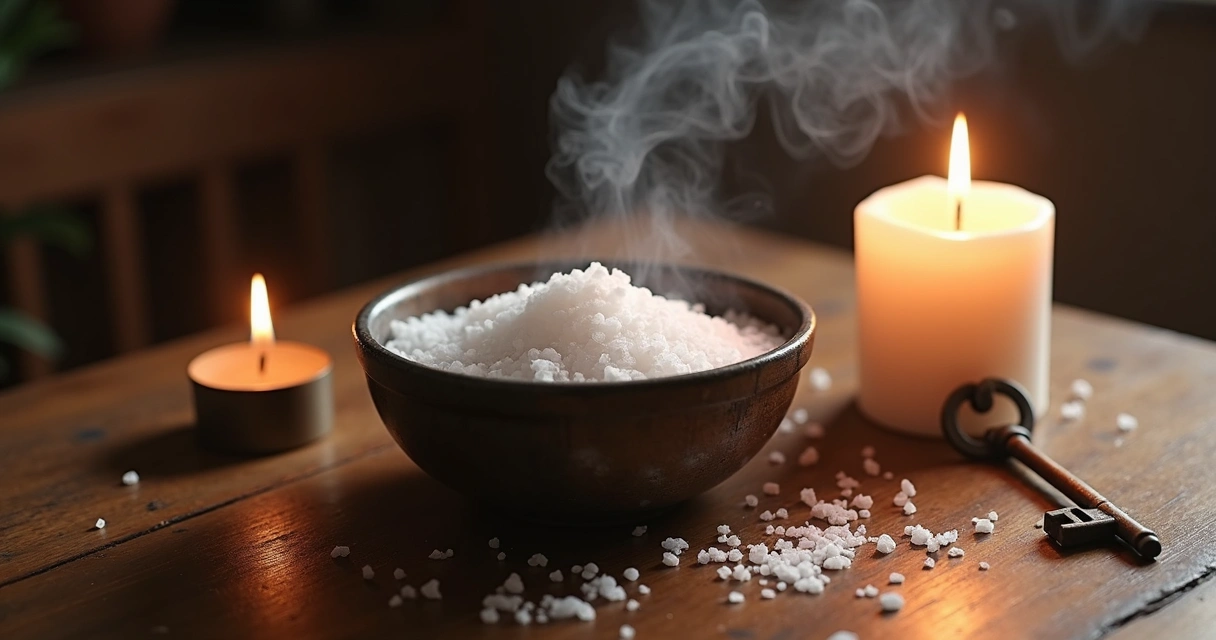 Ritual de banimento com sal grosso, água, vela e incenso em mesa de madeira com objeto antigo