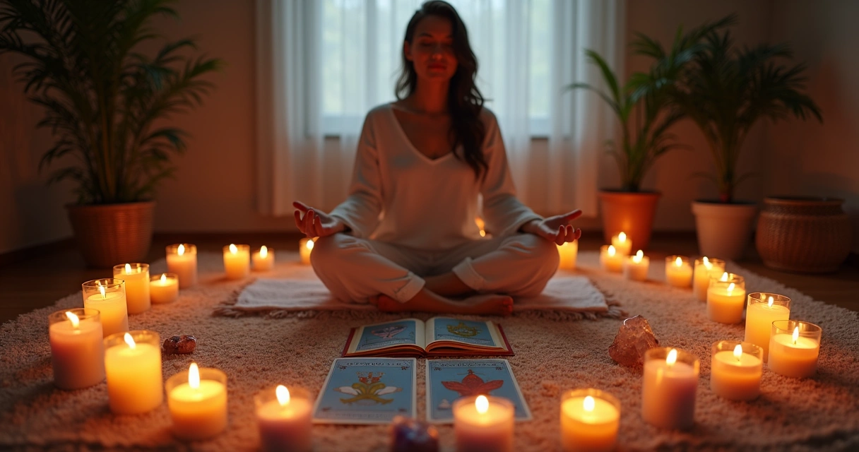 Pessoa realizando ritual de alinhamento energético com velas coloridas e cartas de tarot 
