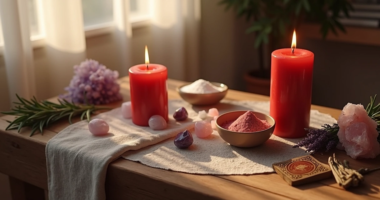 Mesa preparada para ritual de amarração amorosa com velas vermelhas, cristais e ervas em ambiente iluminado e sereno 