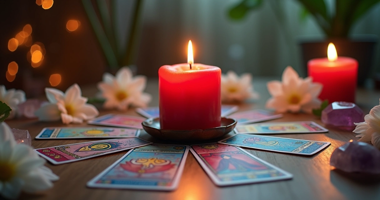 Mesa ritualística com vela vermelha acesa, cartas de tarô cigano, flor branca e cristais em ambiente com luz suave 