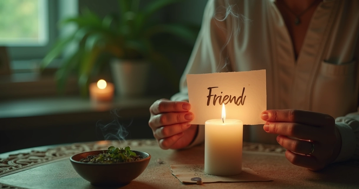 Pessoa acendendo vela branca em ambiente espiritual com bilhete de amizade 
