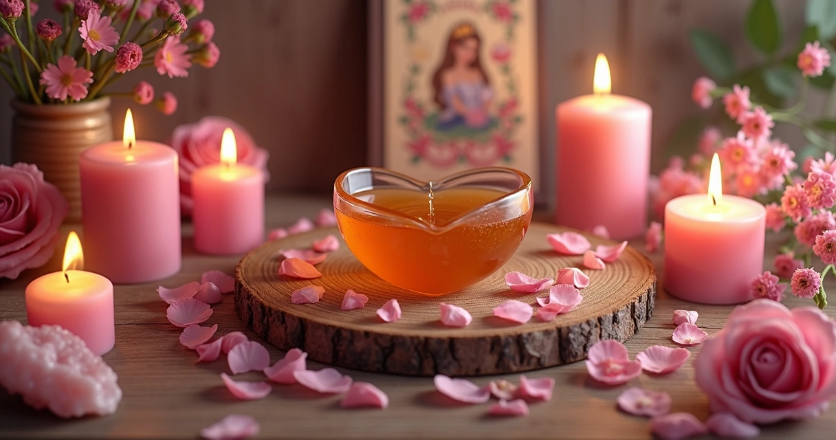Ritual amoroso com Baralho Cigano, velas rosas e flores sobre mesa de madeira 