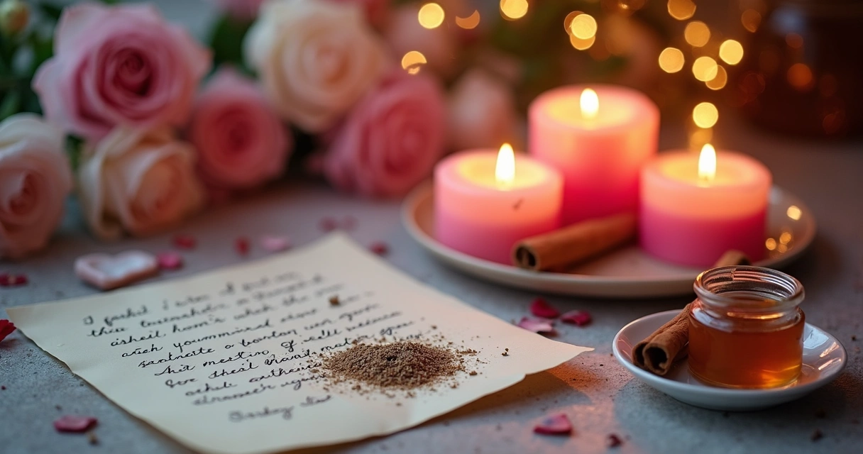 Ritual de amor com velas, carta e cinzas no prato 