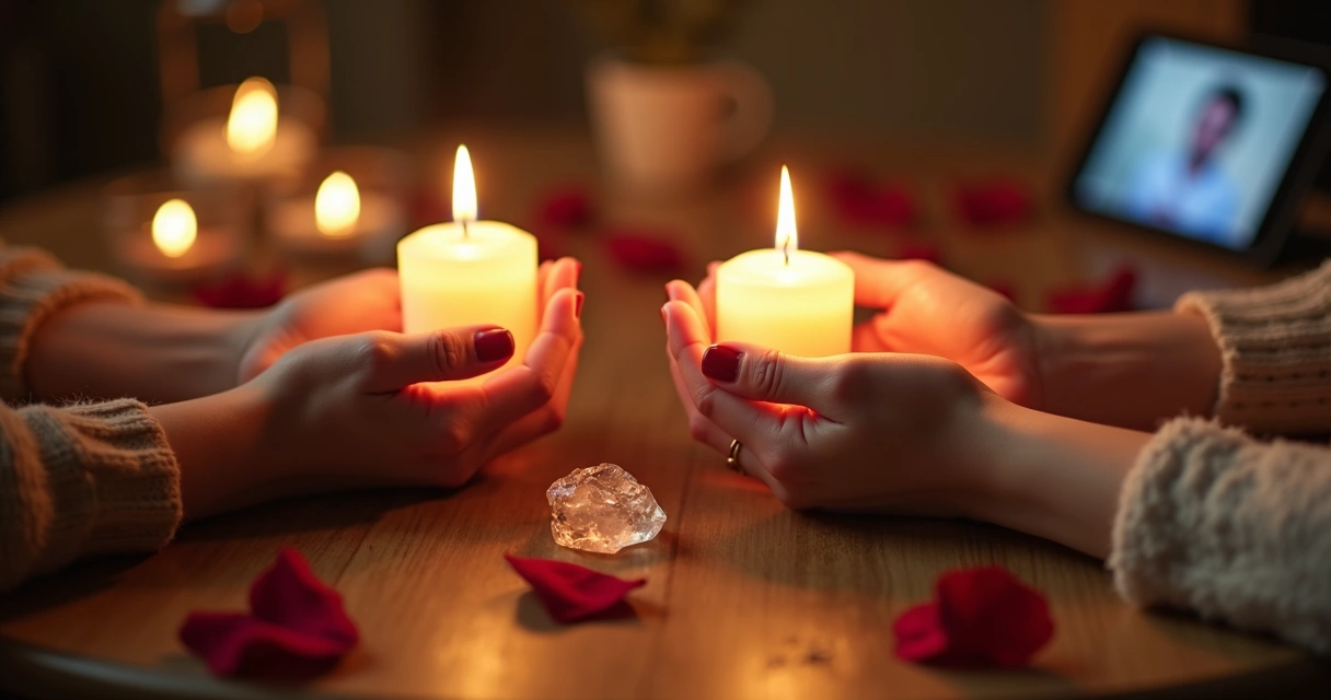 Dois pares de mãos segurando velas acesas sobre uma mesa, representando união à distância