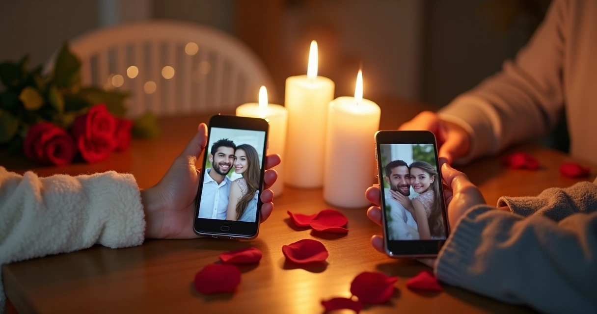 Duas mãos acendendo velas diante de celulares com fotos de casal 
